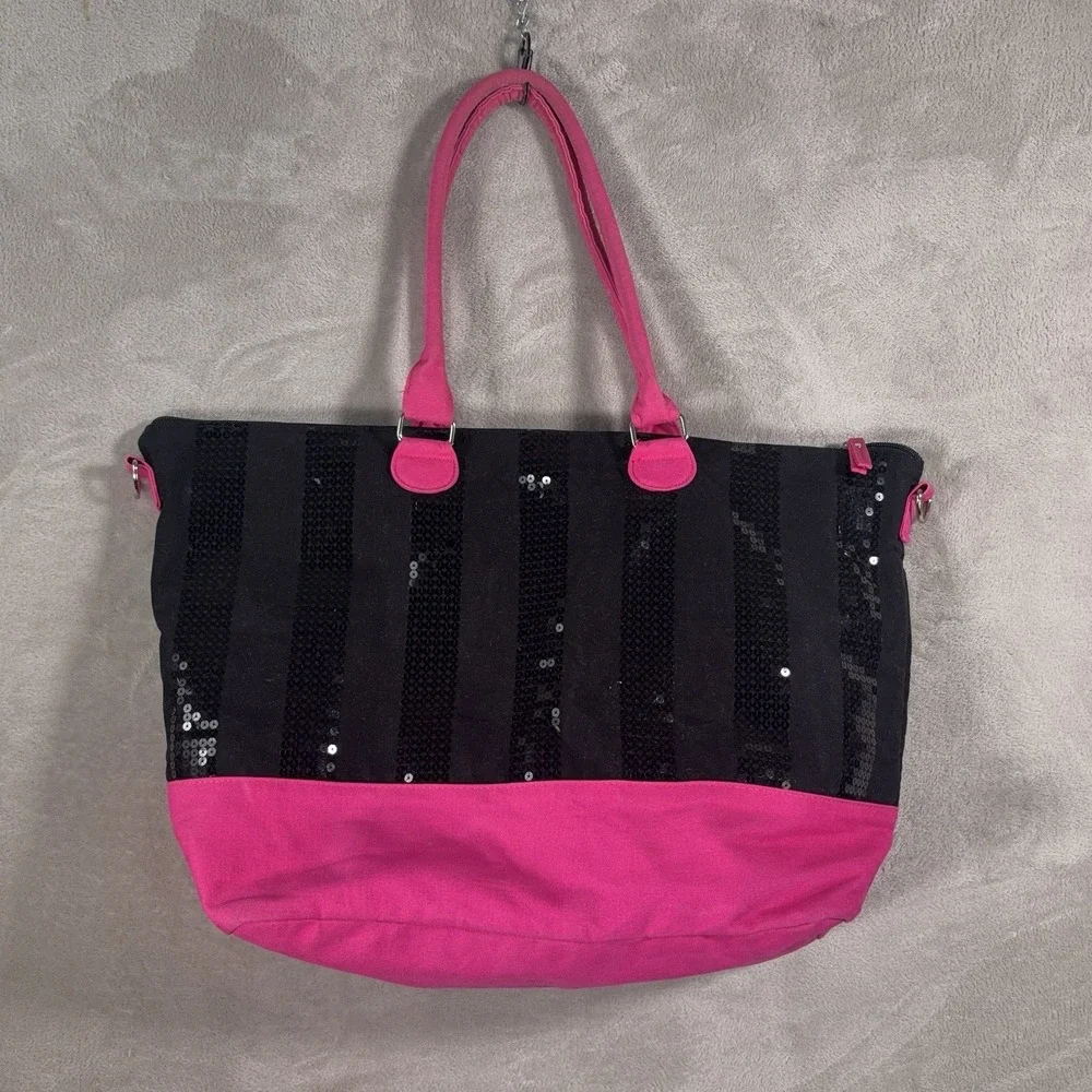 Victoria's Secret Tote Bag Womens Large Black Pink Sequin Weekender Travel Beach